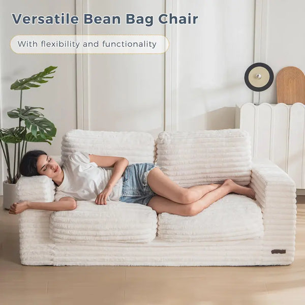 Bean Bag Chair, Two- seat Bean Bag Sofa with Pillows and Armrests for Adults, Upholstered Loveseat Floor Sofa Couch Fluffy Chair Bean Bag Couch for Bedroom Living Room